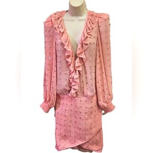 Amable by Mable Pink Rhinestone Ruffle Long Sleeve Mini Dress, Small, NWT